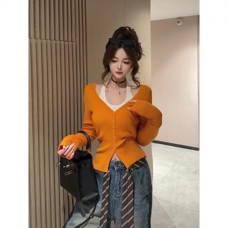 FA38993# 早秋新品时尚设计感假两件挂脖针织上衣女 服裝批發女裝批發服飾貨源