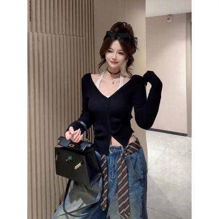 FA38993# 早秋新品时尚设计感假两件挂脖针织上衣女 服裝批發女裝批發服飾貨源