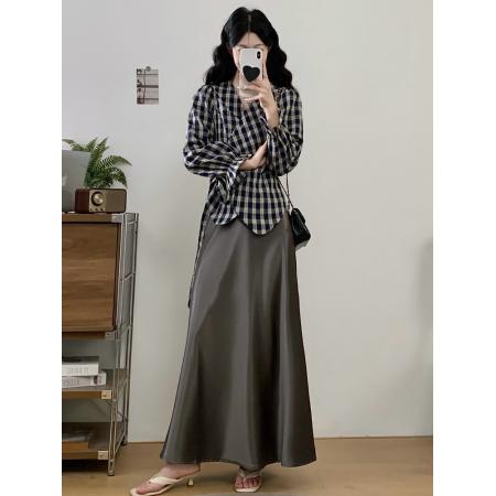 FA38995# 秋季大码女装法式上衣连衣裙纯欲长裙套装格子衬衣半裙两件套 服裝批發女裝批發服飾貨源