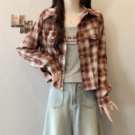 FA38998# 大码胖MM秋季新款时尚百搭格子衬衫背心两件套小个子上衣 服裝批發女裝批發服飾貨源