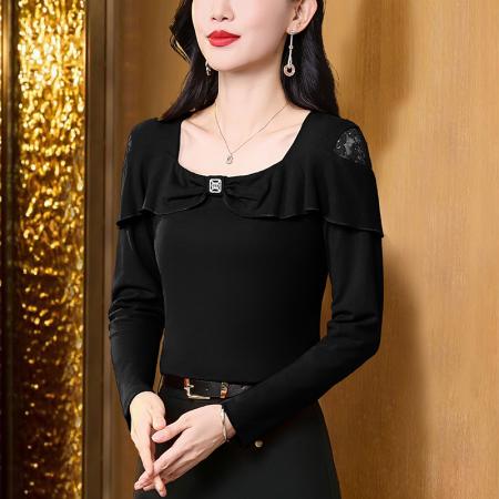 FA39002# 秋季新款时尚蝴蝶结蕾丝露肩针织女休闲百搭气质上衣 服裝批發女裝批發服飾貨源