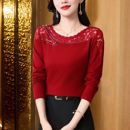 早秋时尚穿搭洋气蕾丝拼接长袖打底衫女修身显瘦内搭上衣 服裝批發女裝批發服飾貨源