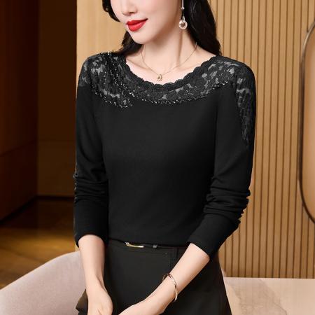 FA39004# 早秋时尚穿搭洋气蕾丝拼接长袖打底衫女修身显瘦内搭上衣 服裝批發女裝批發服飾貨源
