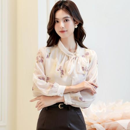秋日罗兰法式紫色碎花天丝衬衫女气质显瘦侧绑带长袖雪纺上衣 服裝批發女裝批發服飾貨源