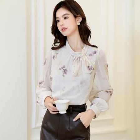 FA39006# 秋日罗兰法式紫色碎花天丝衬衫女气质显瘦侧绑带长袖雪纺上衣 服裝批發女裝批發服飾貨源