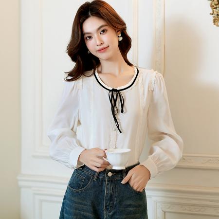 FA39008# 春秋新款圆领蝴蝶结绑带长袖衬衫女宽松设计感上衣别致衬衣潮 服裝批發女裝批發服飾貨源