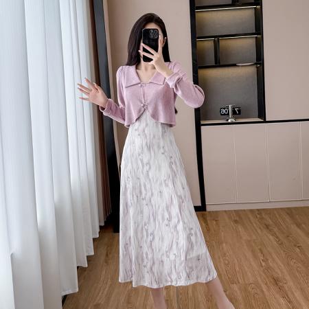 紫色假两件碎花长袖连衣裙女春秋新款裙子独特气质长裙 服裝批發女裝批發服飾貨源