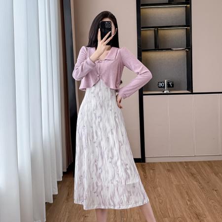 FA39010# 紫色假两件碎花长袖连衣裙女春秋新款裙子独特气质长裙 服裝批發女裝批發服飾貨源