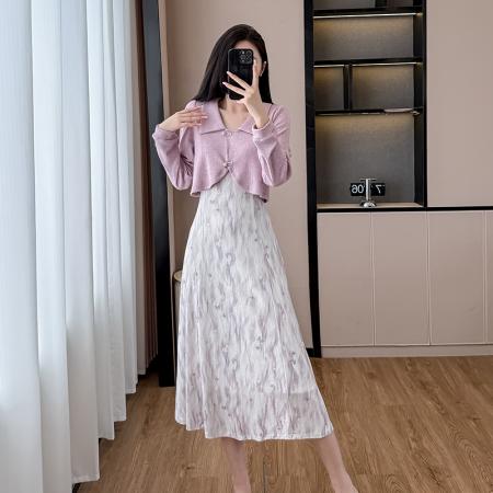 FA39010# 紫色假两件碎花长袖连衣裙女春秋新款裙子独特气质长裙 服裝批發女裝批發服飾貨源