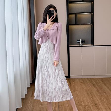 FA39010# 紫色假两件碎花长袖连衣裙女春秋新款裙子独特气质长裙 服裝批發女裝批發服飾貨源