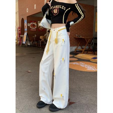 小众设计感彩绘破洞牛仔裤高腰显瘦宽松直筒阔腿拖地裤 服裝批發女裝批發服飾貨源