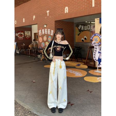 FA39011# 小众设计感彩绘破洞牛仔裤高腰显瘦宽松直筒阔腿拖地裤 服裝批發女裝批發服飾貨源