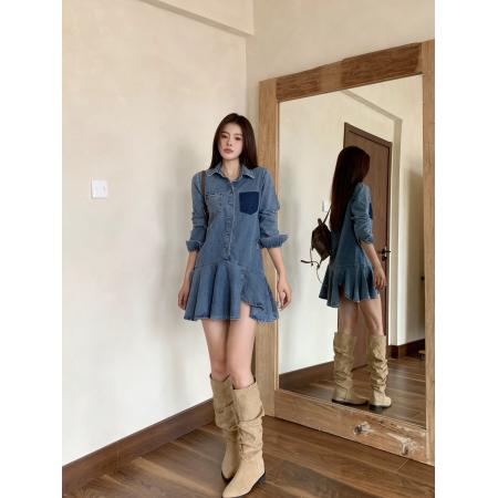 牛仔连衣裙女港味复古荷叶边设计不规则裙子秋季 服裝批發女裝批發服飾貨源