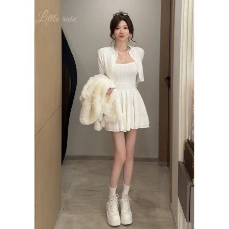 FA39014# 轻奢名媛重工镶钻针织开衫上衣收腰吊带超短连衣裙女芭蕾风两件套 服裝批發女裝批發服飾貨源