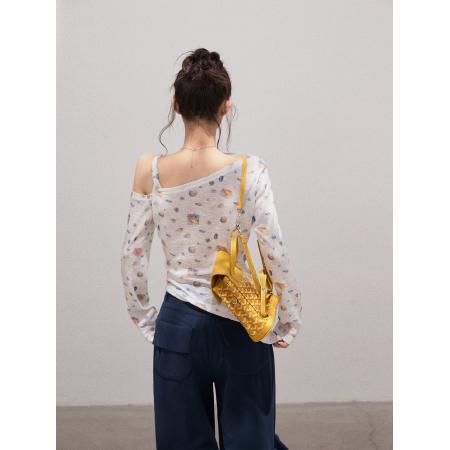 FA39015# 不规则斜肩印花薄款长袖T恤女收腰修身显瘦露肩上衣 服裝批發女裝批發服飾貨源