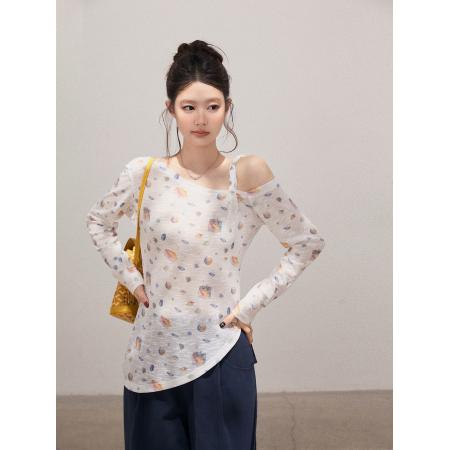 FA39015# 不规则斜肩印花薄款长袖T恤女收腰修身显瘦露肩上衣 服裝批發女裝批發服飾貨源