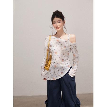 FA39015# 不规则斜肩印花薄款长袖T恤女收腰修身显瘦露肩上衣 服裝批發女裝批發服飾貨源
