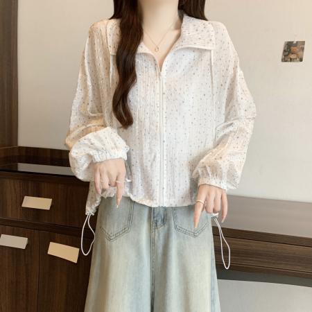 FA39019# 法式超好看翻领抽绳碎花防晒衣女夏季独特漂亮外搭长袖拉链外套薄 服裝批發女裝批發服飾貨源