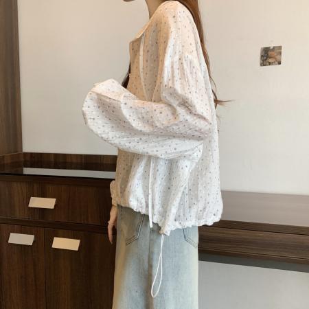 FA39019# 法式超好看翻领抽绳碎花防晒衣女夏季独特漂亮外搭长袖拉链外套薄 服裝批發女裝批發服飾貨源