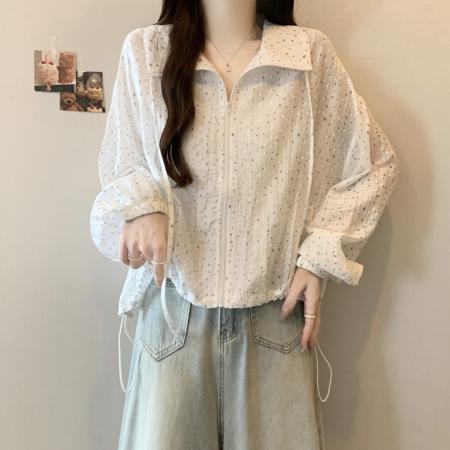 FA39019# 法式超好看翻领抽绳碎花防晒衣女夏季独特漂亮外搭长袖拉链外套薄 服裝批發女裝批發服飾貨源