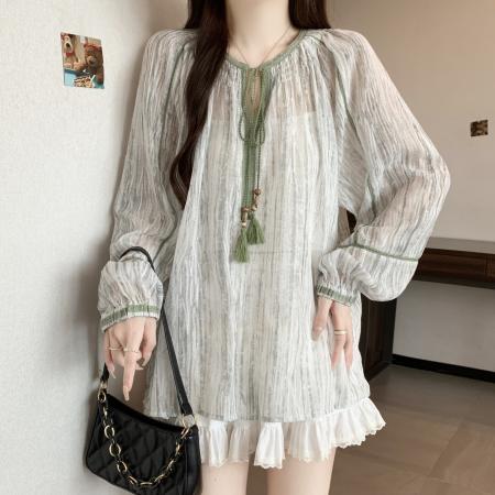 FA39020# 森系绿色流苏V领雪纺长袖衬衫女早秋大码胖mm娃娃衫薄款上衣 服裝批發女裝批發服飾貨源