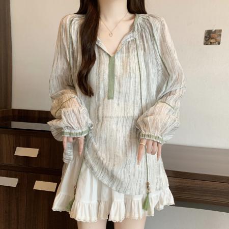 FA39020# 森系绿色流苏V领雪纺长袖衬衫女早秋大码胖mm娃娃衫薄款上衣 服裝批發女裝批發服飾貨源