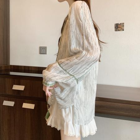 FA39020# 森系绿色流苏V领雪纺长袖衬衫女早秋大码胖mm娃娃衫薄款上衣 服裝批發女裝批發服飾貨源