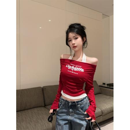 FA39021# 新款纯欲撞色挂脖假两件字母印花长袖T恤显瘦打底衫 服裝批發女裝批發服飾貨源