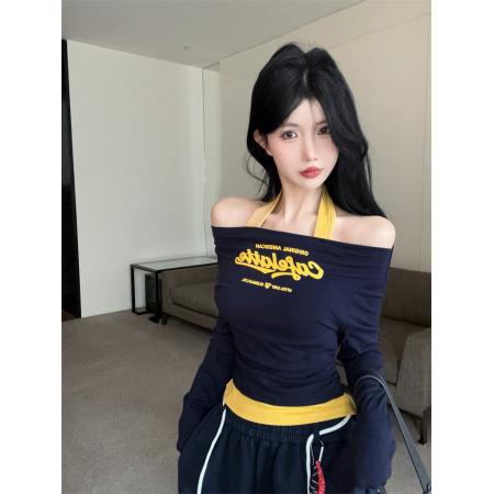 FA39021# 新款纯欲撞色挂脖假两件字母印花长袖T恤显瘦打底衫 服裝批發女裝批發服飾貨源
