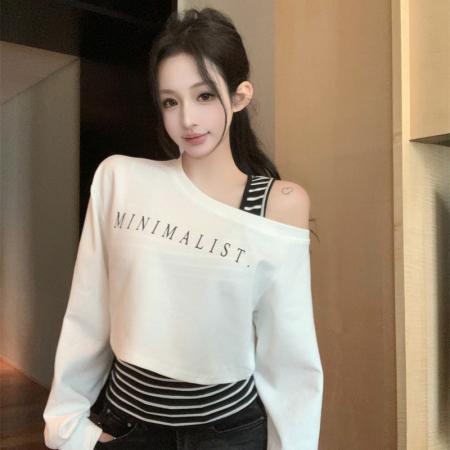 FA39022# 斜肩长袖条纹卫衣女秋季设计感搭配背心两件套上衣 服裝批發女裝批發服飾貨源