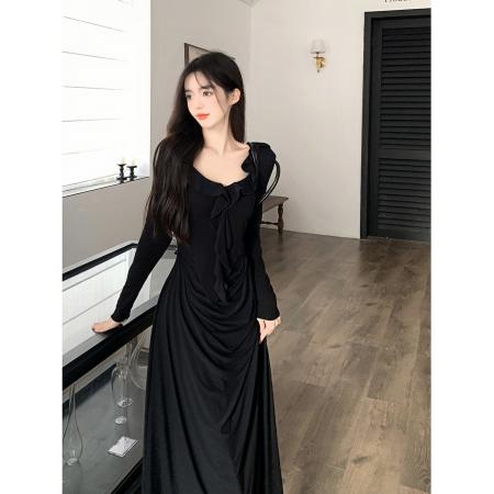 FA39024# 法式复古优雅气质荷叶边皱褶网纱拼接中长款连衣裙 服裝批發女裝批發服飾貨源