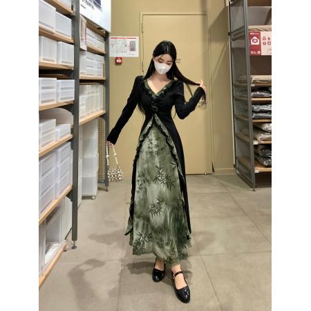 禅意假两件连衣裙秋季新款清冷气质拼接设计感晕染显瘦长裙 服裝批發女裝批發服飾貨源