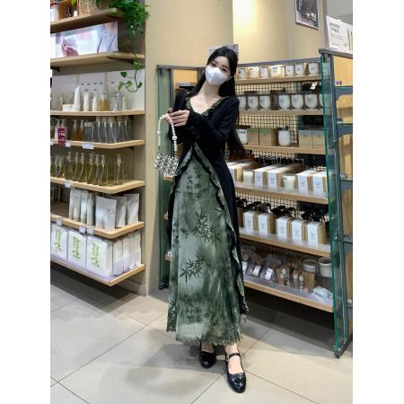 FA39025# 禅意假两件连衣裙秋季新款清冷气质拼接设计感晕染显瘦长裙 服裝批發女裝批發服飾貨源