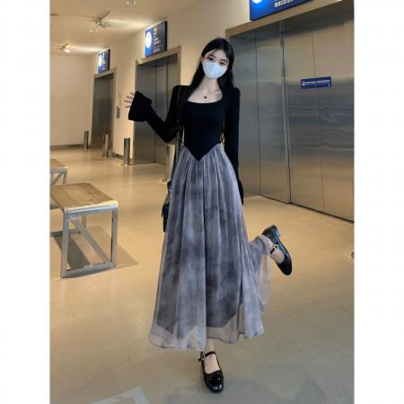 FA39026# 复古方领连衣裙子秋新款法式赫本风网纱拼接中长款连衣裙 服裝批發女裝批發服飾貨源