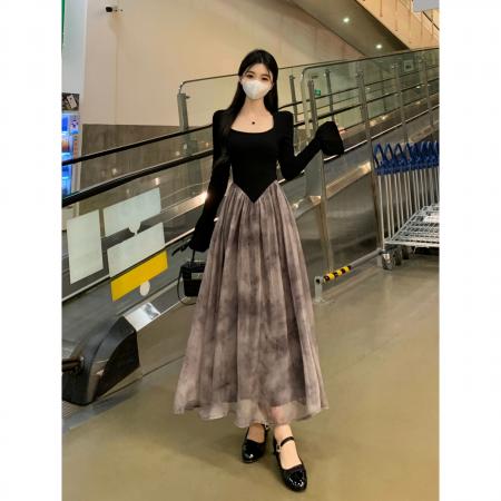 FA39026# 复古方领连衣裙子秋新款法式赫本风网纱拼接中长款连衣裙 服裝批發女裝批發服飾貨源
