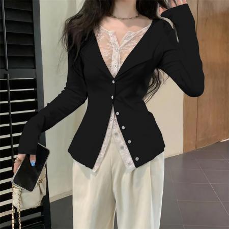 FA39027# 蕾丝拼接纯色假两件木耳边修身长袖开衫女秋设计感上衣 服裝批發女裝批發服飾貨源