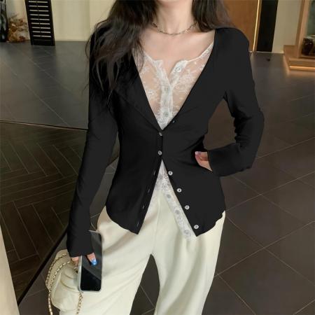 FA39027# 蕾丝拼接纯色假两件木耳边修身长袖开衫女秋设计感上衣 服裝批發女裝批發服飾貨源