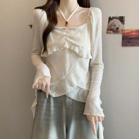 FA39029# 秋季新款方领系带法式蕾丝衫女胖mm不规则百搭显瘦上衣 服裝批發女裝批發服飾貨源