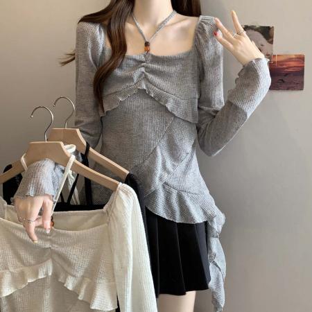 FA39029# 秋季新款方领系带法式蕾丝衫女胖mm不规则百搭显瘦上衣 服裝批發女裝批發服飾貨源