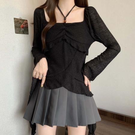 FA39029# 秋季新款方领系带法式蕾丝衫女胖mm不规则百搭显瘦上衣 服裝批發女裝批發服飾貨源