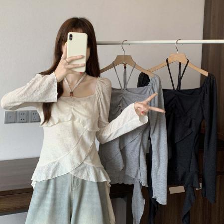FA39029# 秋季新款方领系带法式蕾丝衫女胖mm不规则百搭显瘦上衣 服裝批發女裝批發服飾貨源