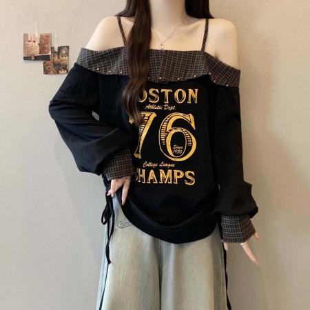 FA39030# 秋季新款假两件衬衫拼接格子T恤女胖mm字母百搭显瘦上衣 服裝批發女裝批發服飾貨源