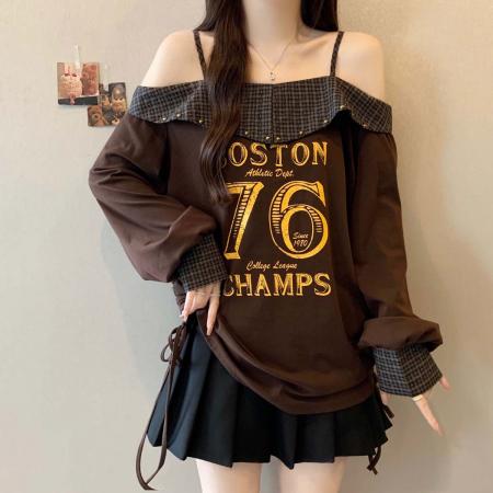 FA39030# 秋季新款假两件衬衫拼接格子T恤女胖mm字母百搭显瘦上衣 服裝批發女裝批發服飾貨源