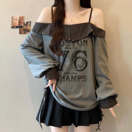 FA39030# 秋季新款假两件衬衫拼接格子T恤女胖mm字母百搭显瘦上衣 服裝批發女裝批發服飾貨源