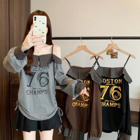 FA39030# 秋季新款假两件衬衫拼接格子T恤女胖mm字母百搭显瘦上衣 服裝批發女裝批發服飾貨源