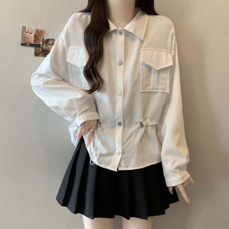 FA39032# 秋季新款单排扣立体口袋抽绳收腰衬衣女胖mm显瘦百搭上衣 服裝批發女裝批發服飾貨源