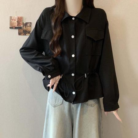 FA39032# 秋季新款单排扣立体口袋抽绳收腰衬衣女胖mm显瘦百搭上衣 服裝批發女裝批發服飾貨源