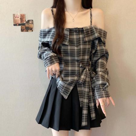 FA39033# 早秋新款一字领漏肩设计格子衬衫女大码百搭显瘦单上衣 服裝批發女裝批發服飾貨源