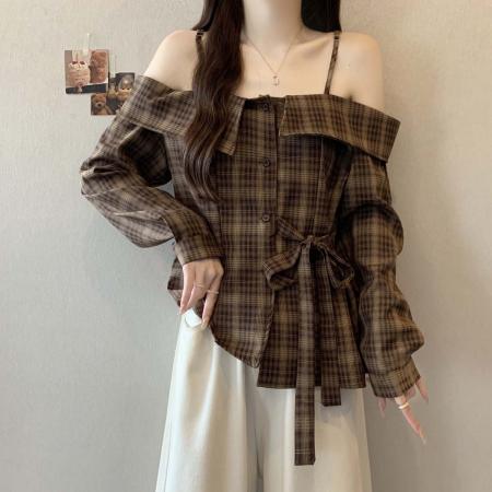 FA39033# 早秋新款一字领漏肩设计格子衬衫女大码百搭显瘦单上衣 服裝批發女裝批發服飾貨源