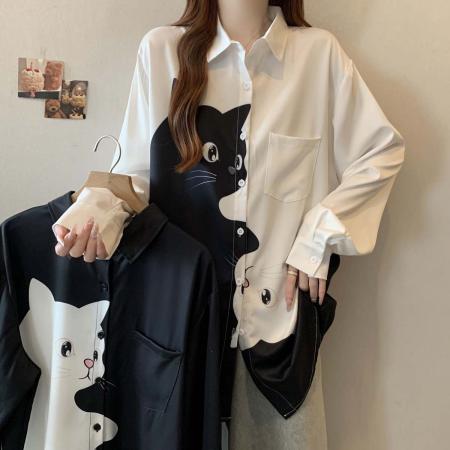FA39034# 秋季新款单排扣猫咪立体图案法式衬衫女大码宽松百搭上衣 服裝批發女裝批發服飾貨源